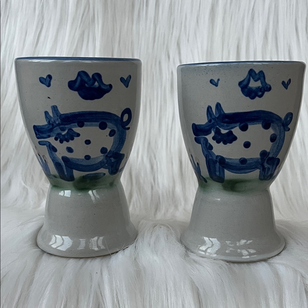 M. A. Hadley 2 Pig Egg Cups Country Scene Blue